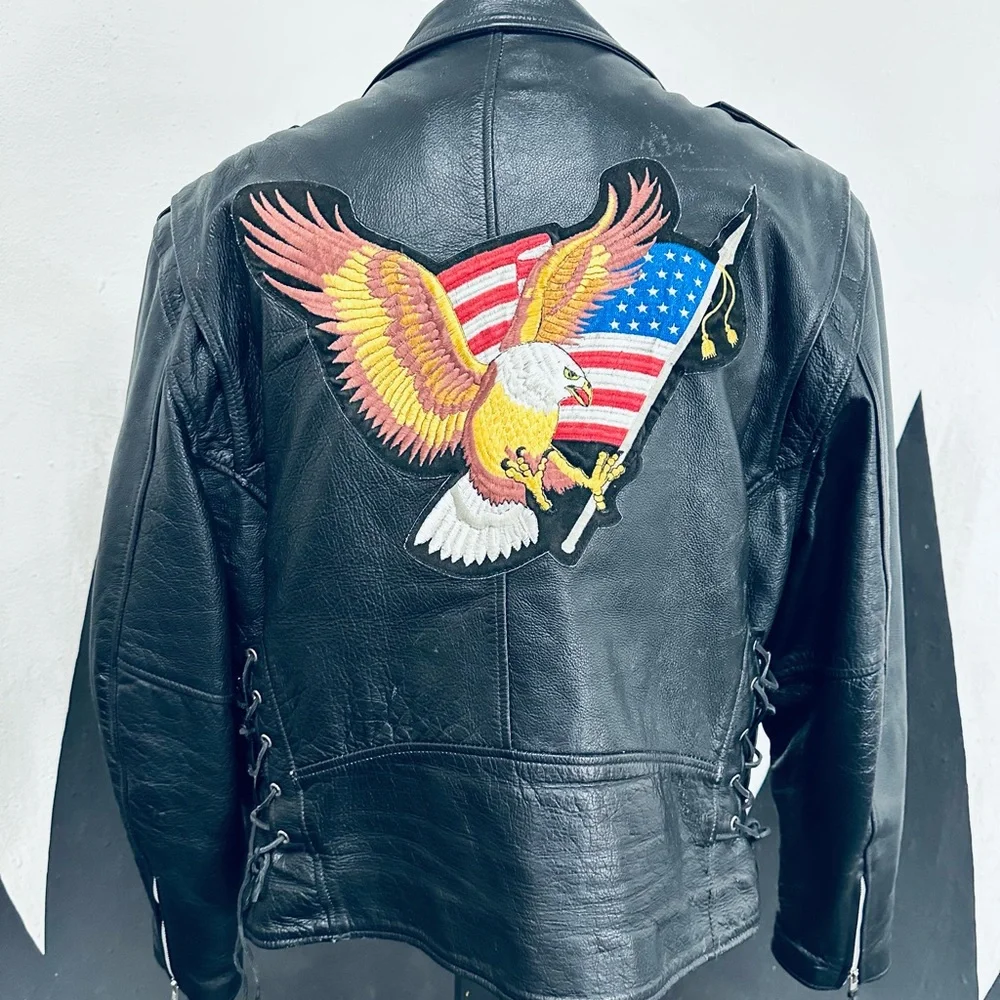 FMC Vintage Classic Black Leather Motorcycle Jacket w/ large Eagle Patcb